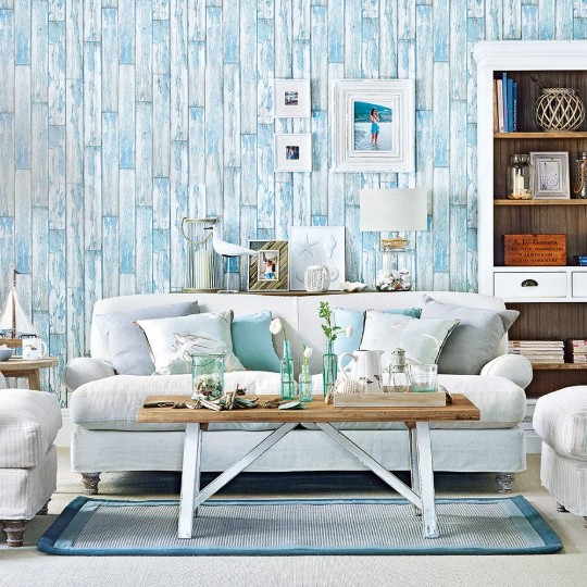 Coastal Living Room with Wood Panel Look Accent Wall