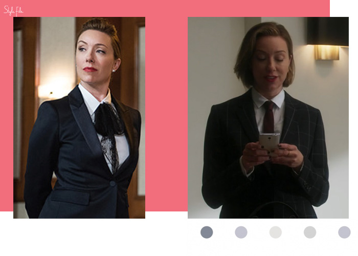 Image of lawyer Callie Senate wearing androgynous clothing with blazer jackets, a white shirt and tie along with red lipstick, black eyeliner and a blonde bob haircut in the legal tv show drama Goliath, an Amazon Prime Original production