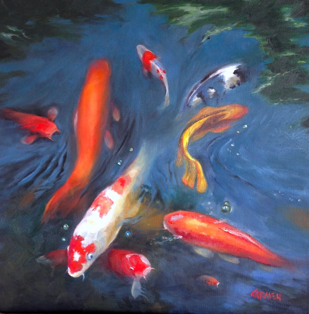 Carmen Beecher Koi Pond 12x12 Oil Painting On Canvas Wildlife Art