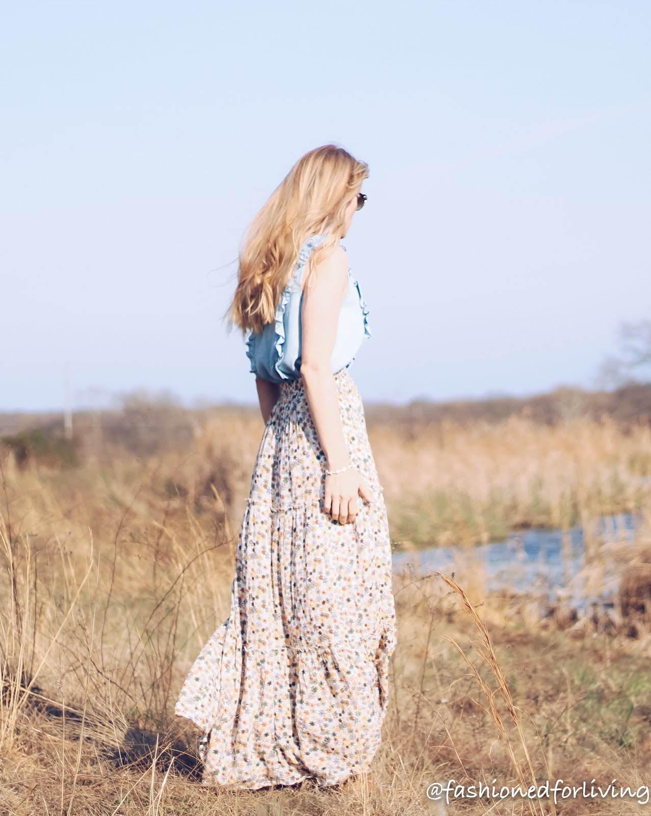 Fashioned For Living: floral maxi skirt outfit with ruffle chambray top ...