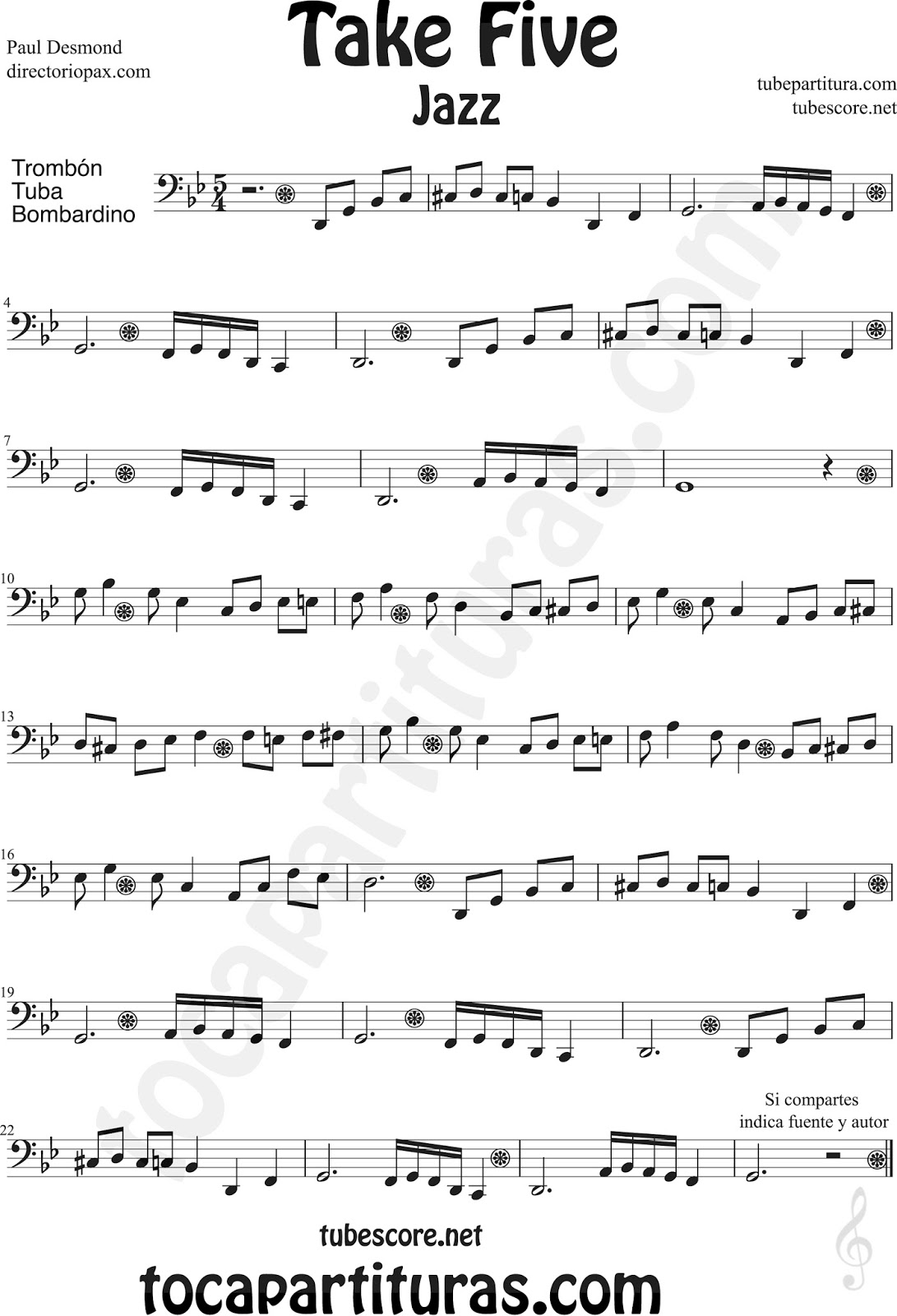Diegosax Take Five De Paul Desmond Partitura De Saxofon Trompeta Flauta Violin Saxo Tenor Saxo Soprano Chelo Fagot Viola Oboe Bombardino Tuba Clarinete Y Trombon Take Five Sheet Music By The Dave