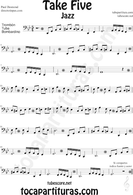  Partitura de Take Five para Trombón, Tuba y Bombardino Paul Desmond Trombone, Tube and Euphonium Sheet Music by The Dave Brubeck Quartet Recorder. Take Five para tocar con tu instrumento y la música original de la canción
