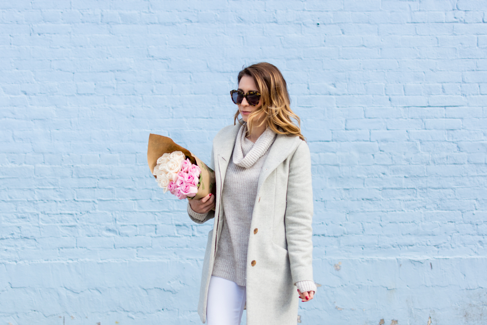 white jeans in winter grey coat neutral outfit petite style