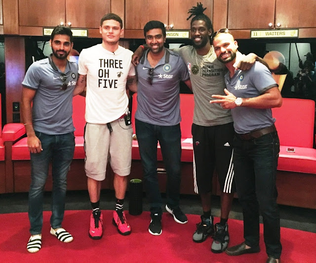 Picture 1: (L to R –Bhuvaneshwar Kumar, Tyler Johnson, R Ashwin, Briante Weber and Shikar Dhawan at The American Airlines Arena Picture 1: (L to R –Bhuvaneshwar Kumar, Tyler Johnson, R Ashwin, Briante Weber and Shikar Dhawan at The American Airlines Arena