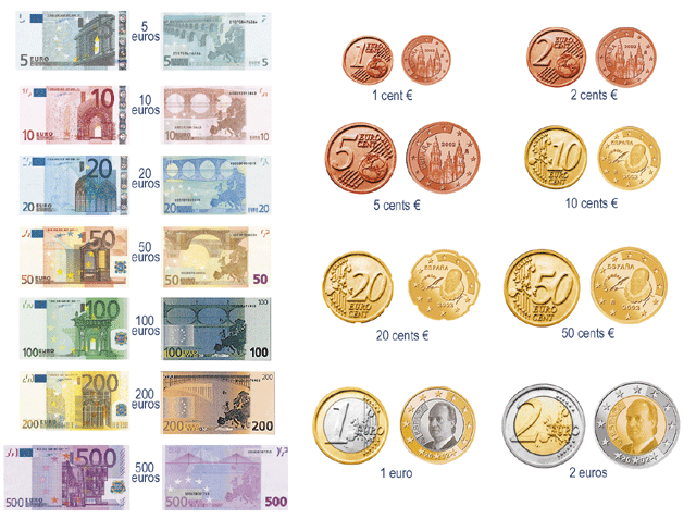 monedas y billetes de euro para jugar