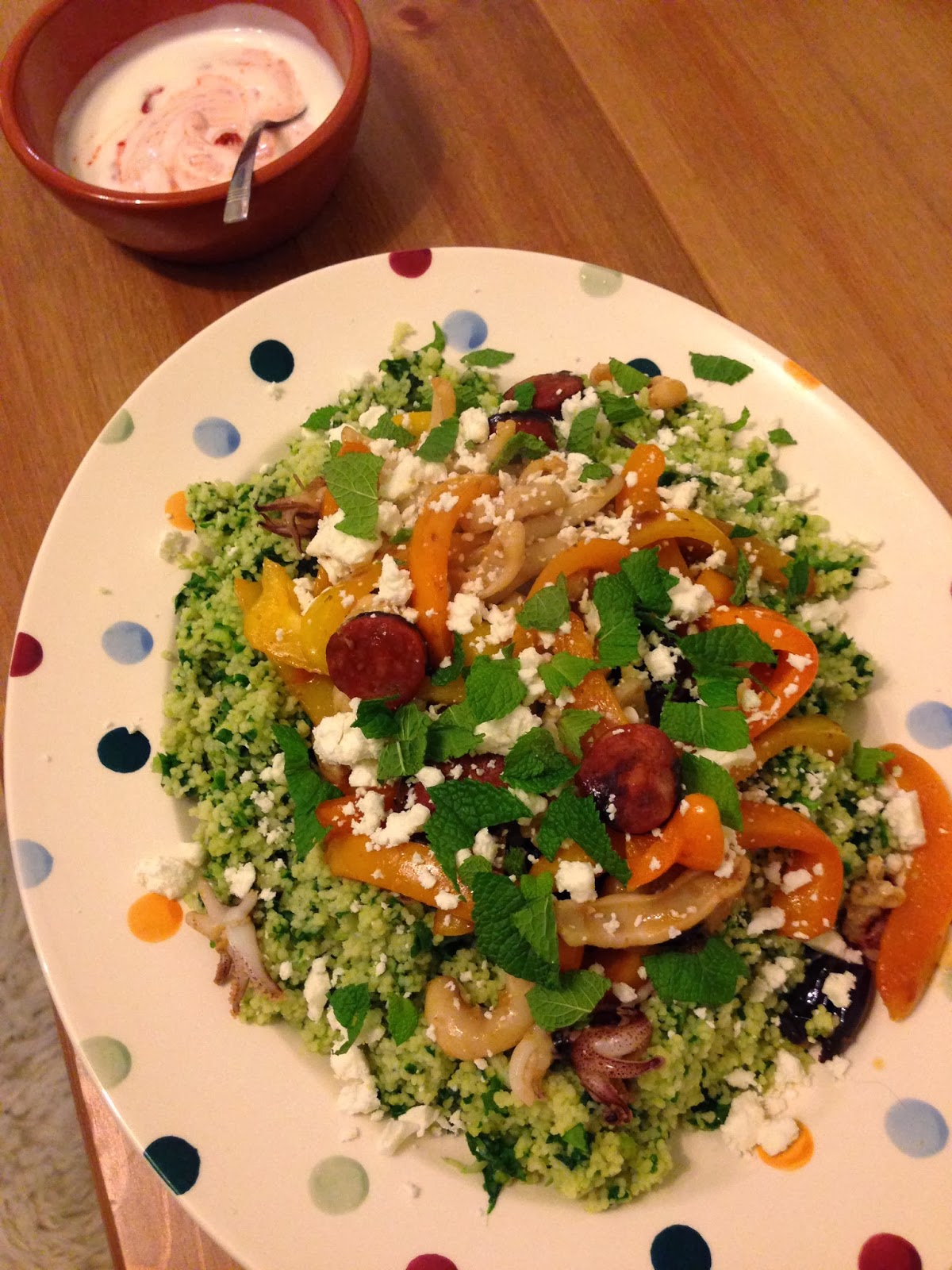 One Man And His Food Processor Chorizo & Squid, Greek Style Couscous Salad