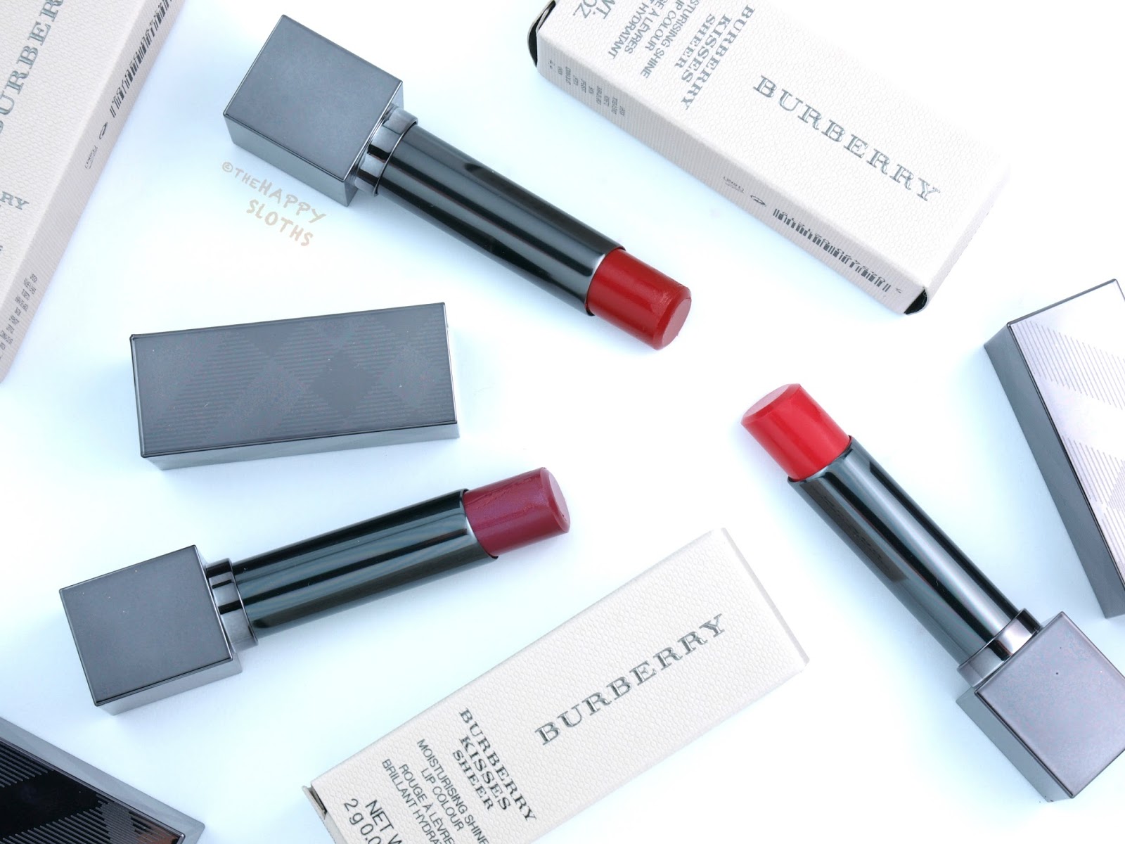 Burberry Kisses Sheer Lipstick in "No. 289 Boysenberry", "No. 241 Crimson Pink" & "No. 309 Poppy Red": Review and Swatches | The Happy Sloths: Beauty, Makeup, and Skincare Blog with Reviews Swatches
