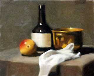 Oil painting of a plastic Corella pear with a bottle, a brass pot and a piece of white cloth.