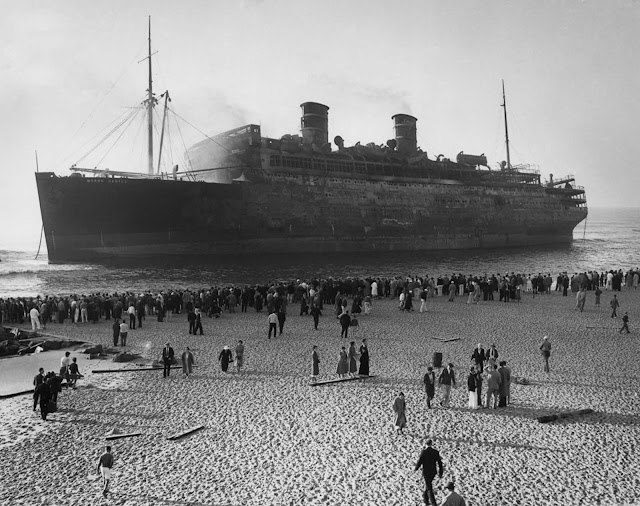 By mid-morning, the ship was totally abandoned and its burning hull drifted ashore, coming to a stop in shallow water off Asbury Park, New Jersey.