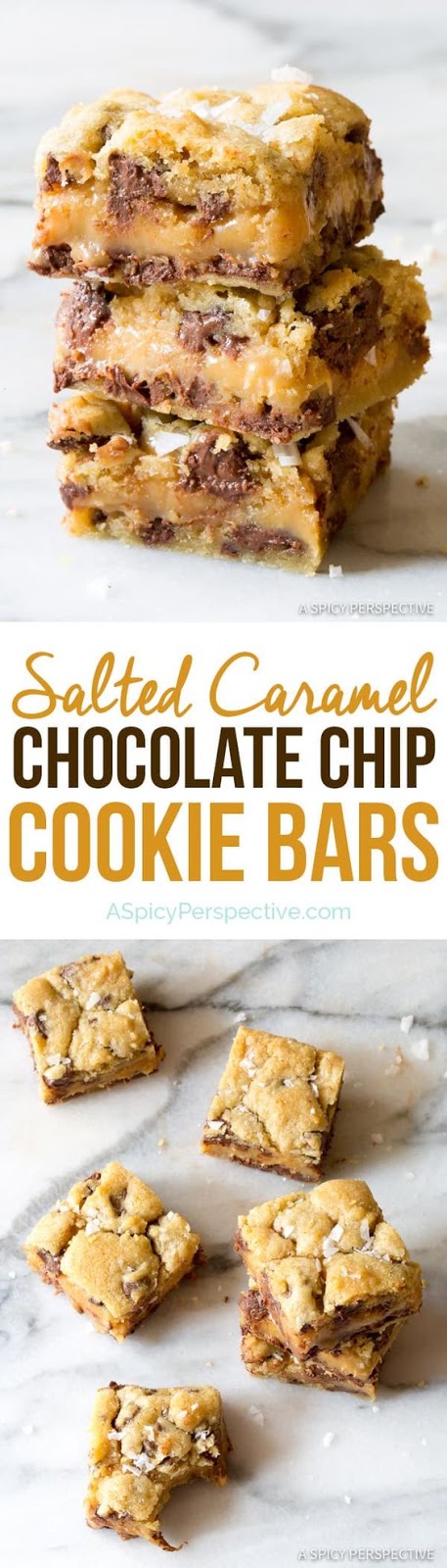 Amazing Salted Caramel Chocolate Chip Cookie Bars, with gooey caramel centers. This cookie bar recipe is so delicious, everyone will ask for the recipe. #ASpicyPerspective #cookiebars #cookies #chocolatechip #baking #dessert #saltedcaramel #caramel 