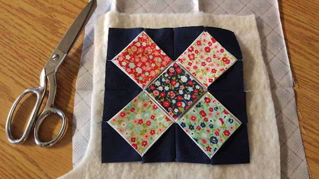 Bonnie and Camille Vintage Picnic cathedral window quilt
