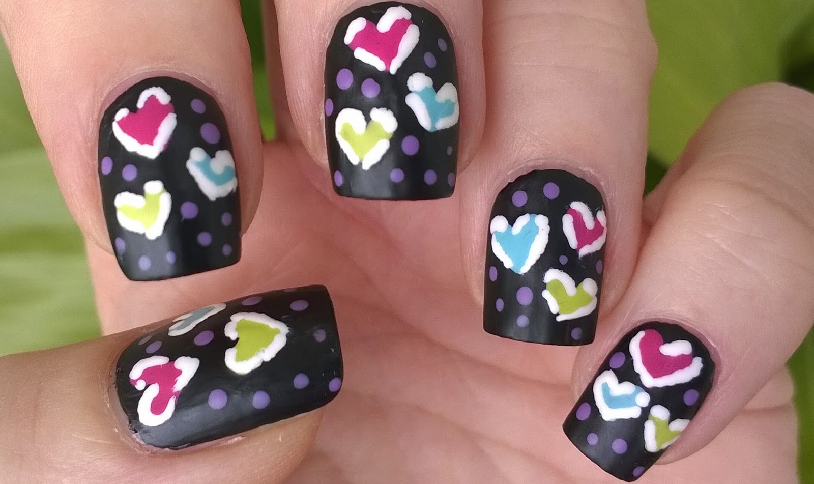Life World Women: Black Matte Nail Art - Colorful Messy Hearts