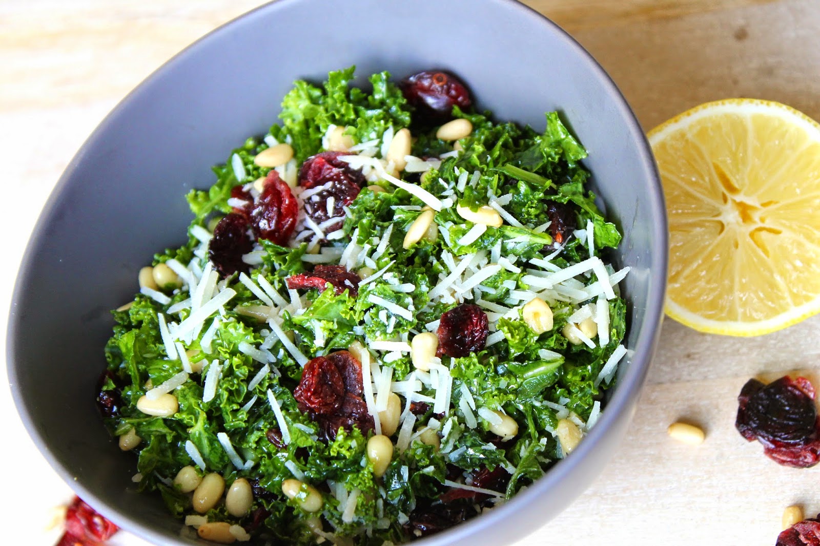 DancesintheKitchen Cranberry Lemon Kale Salad with Parmesan and Pine Nuts