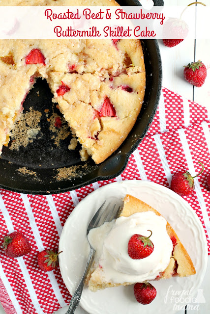 This Roasted Beet & Strawberry Buttermilk Skillet Cake combines sweet, roasted beets with locally grown strawberries in a moist & buttery buttermilk cake.
