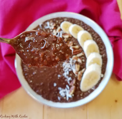 This chocolate steel cut oatmeal is healthy, creamy and delicious. There is not refined sugar and so much goodness. It is sure to start your day with a smile! spoonfull of chocolate oatmeal