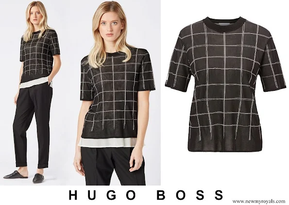 Queen Letizia wore Hugo Boss Knitted sweater in tube jacquard with-double layer effect