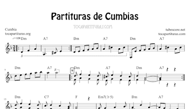 4 Partituras de Cumbias Partitura con Acordes de La Piragua, La Subienda, Navidad Negra y La Pollera Colorá Cumbia