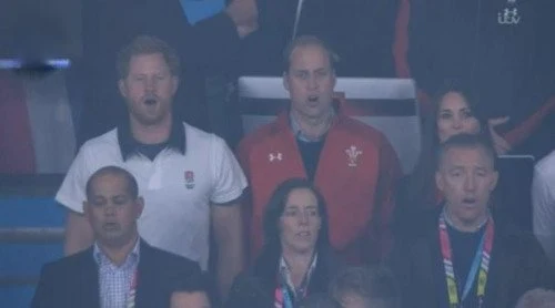 Catherine, Duchess of Cambridge and Prince William and Prince Harry attends a Pool A match of the 2015 Rugby World Cup