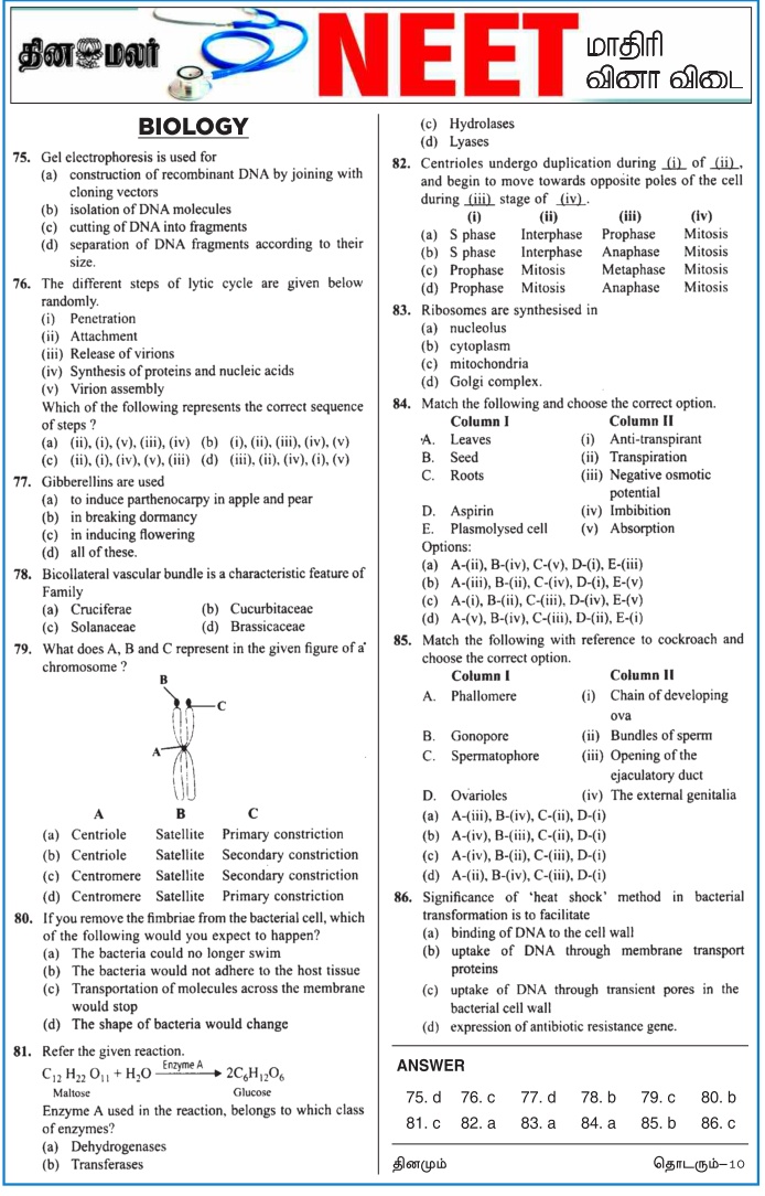 NEET2017 Exam Model Questions Prepared by Dinamalar Dated 10.04.2017