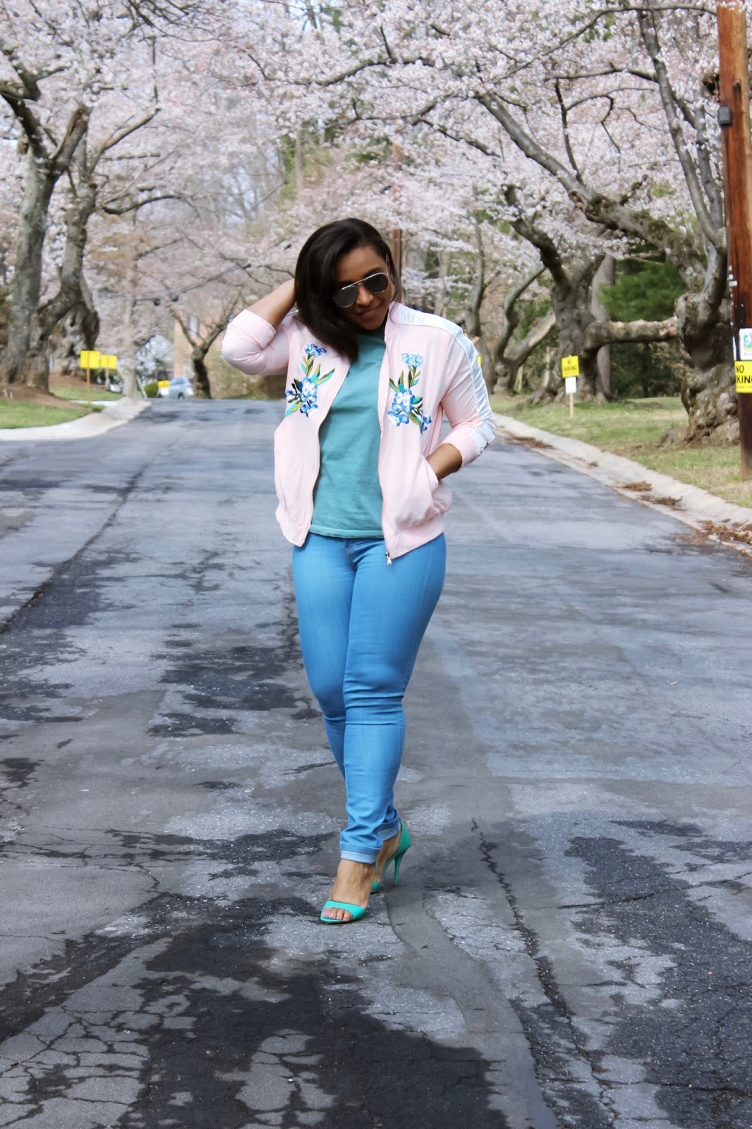 Cherry Blossoms in DC, Pink, spring, flowers, dc bloggers, embroidered jacket, pink bomber jacket, spring outfits