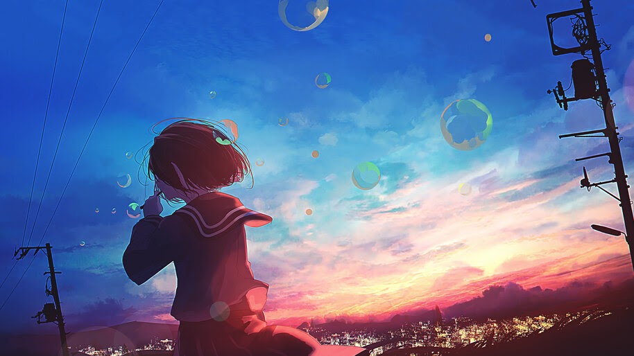 Anime, Scenery, Girl, Sunset, Bubbles, 4K, #276 Wallpaper