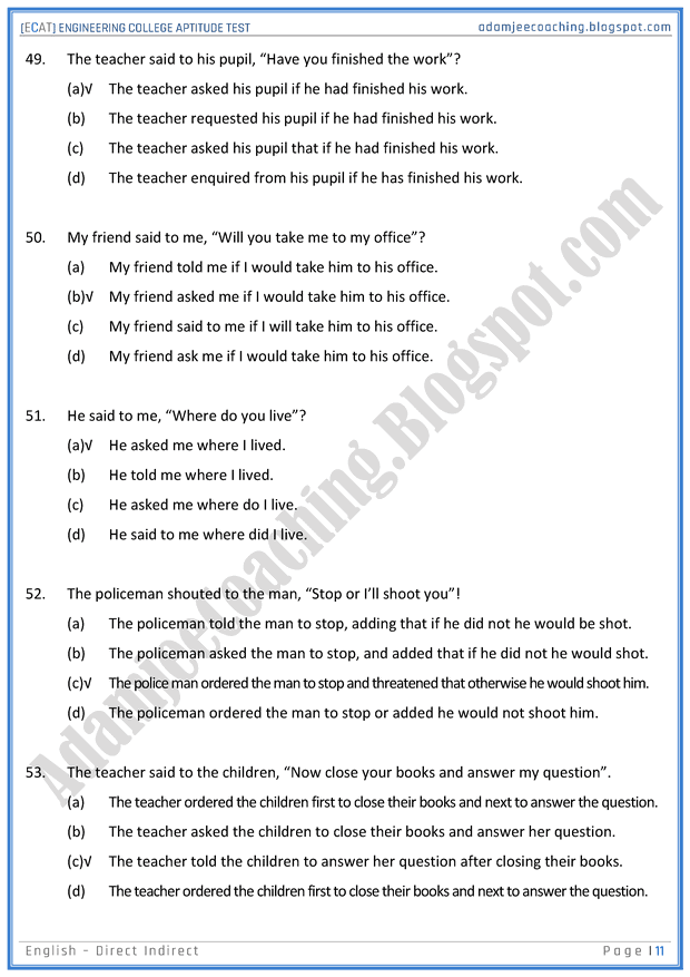 ecat-english-direct-indirect-sentences-mcqs-for-engineering-college-entry-test