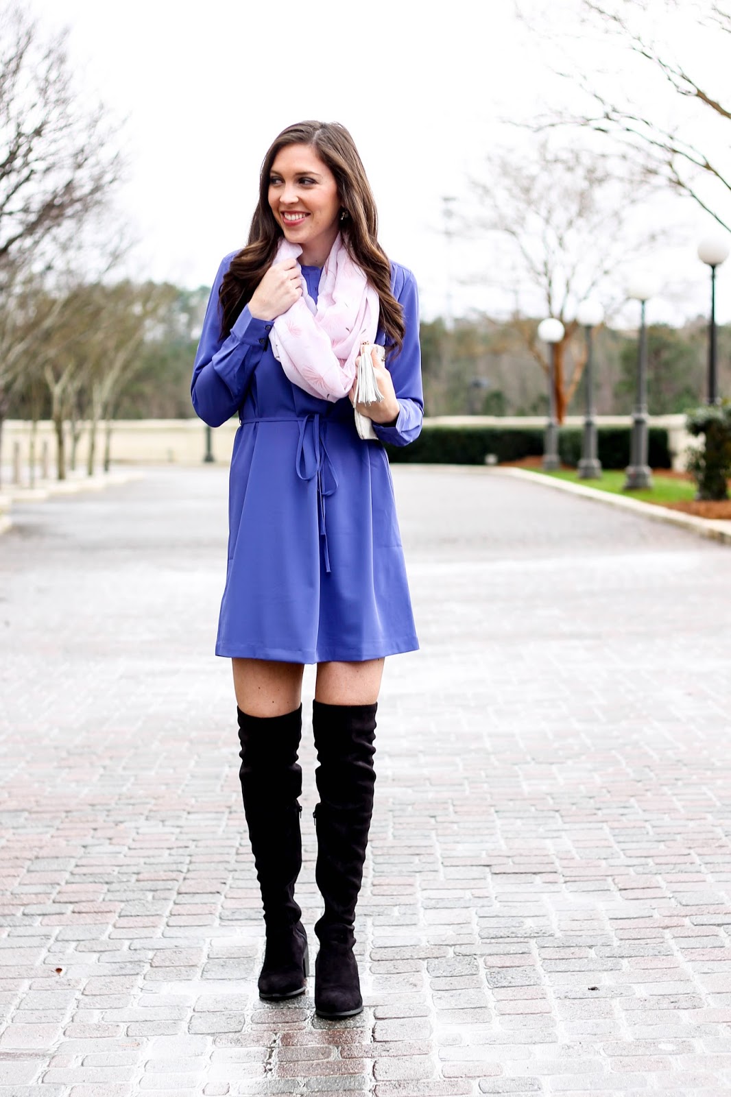 Purple Shirtdress, LOFT shirtdress, LOFT dress for winter and spring, work outfit ideas, winter outfit idea, winter trends, pastel scarf, nordstrom infinity scarf, black over the knee boots, suede boots, pretty in the pines, nc fashion blogger, fashion trends of 2016