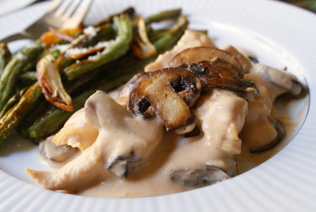 Creamy Parmesan Chicken with Baby Bellas and Garlic Roasted Green Beans