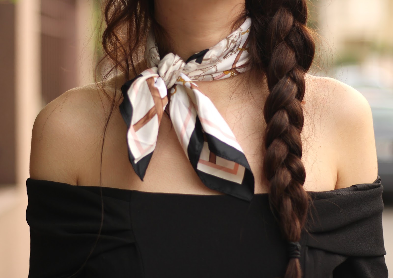 off the shoulder black tie dress