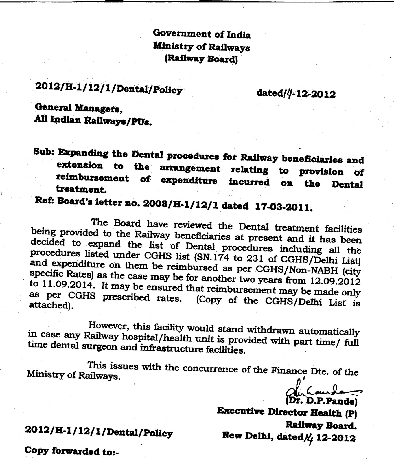 Reimbursement of expenses on Dental treatment for Rly medical beneficiaries