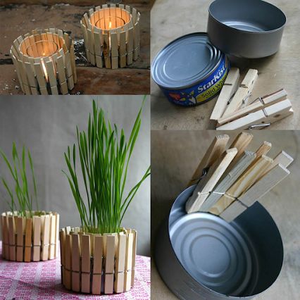 Portavelas con latas y pinzas