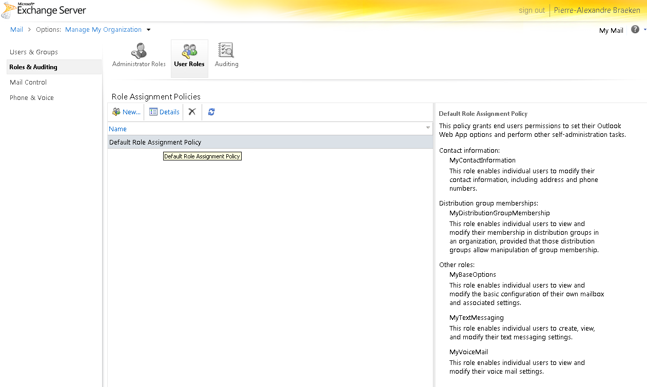 Default Role Assignment Policy Exchange 2010