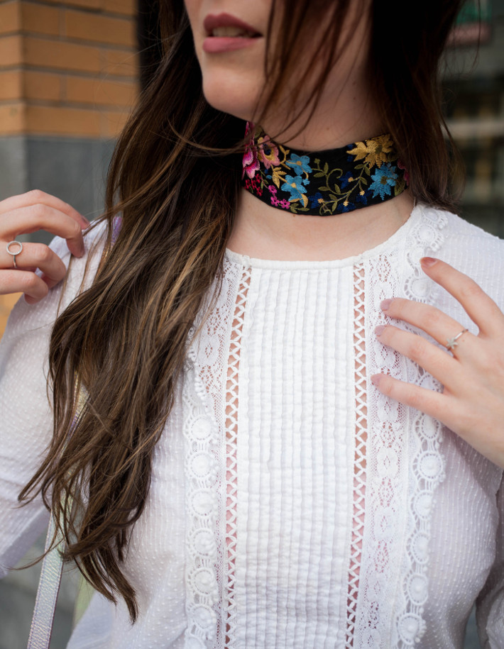 victorian style blouse, floral embroidery choker