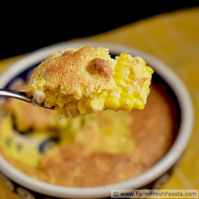 close up of a spoonful of dairy free corn pudding casserole