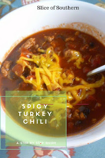 Spicy Turkey Chili:  Ground turkey along with black beans and a few pantry staples is all you need to make a batch of the BEST TASTING, healthier version of chili.  - Slice of Southern