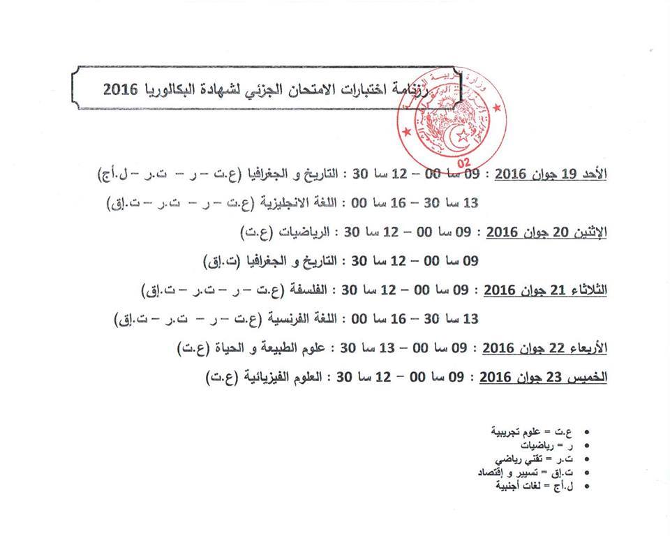 برنامج اختبارات الامتحان الجزئي لشهادة البكالوريا 2016 الامتحان الجزئي لشهادة البكالوريا 2016