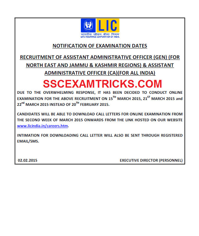LIC AAO Exam 2015 Revised Date notice