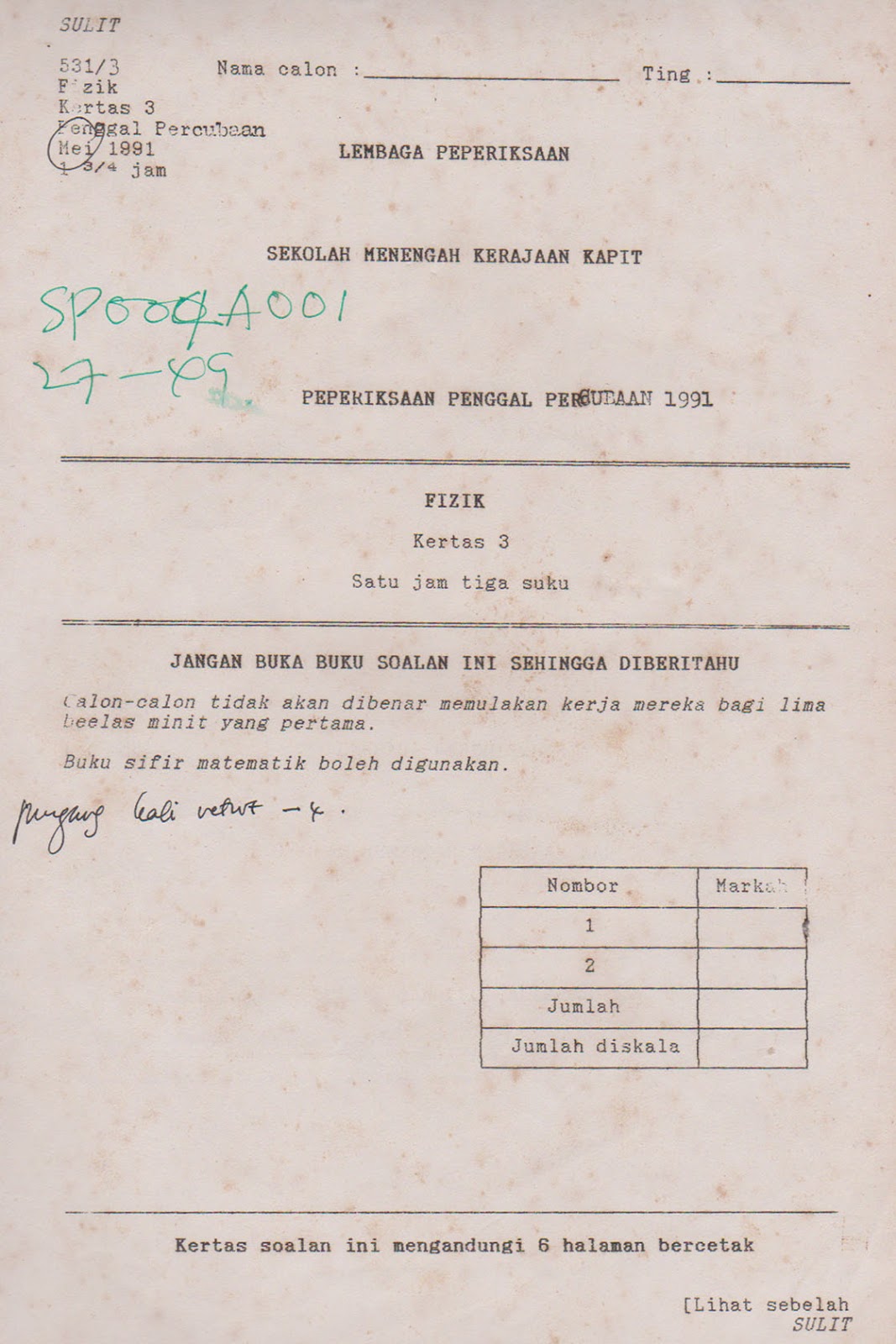 SMK Kapit, Peperiksaan Percubaan Fizik Kertas 3 1991 