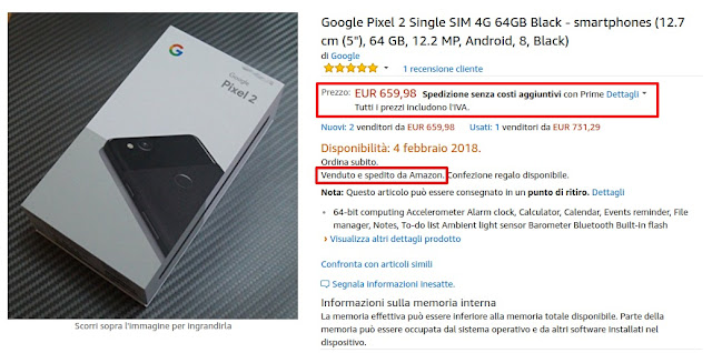 Google Pixel 2 a 659 euro venduto e spedito da Amazon Italia