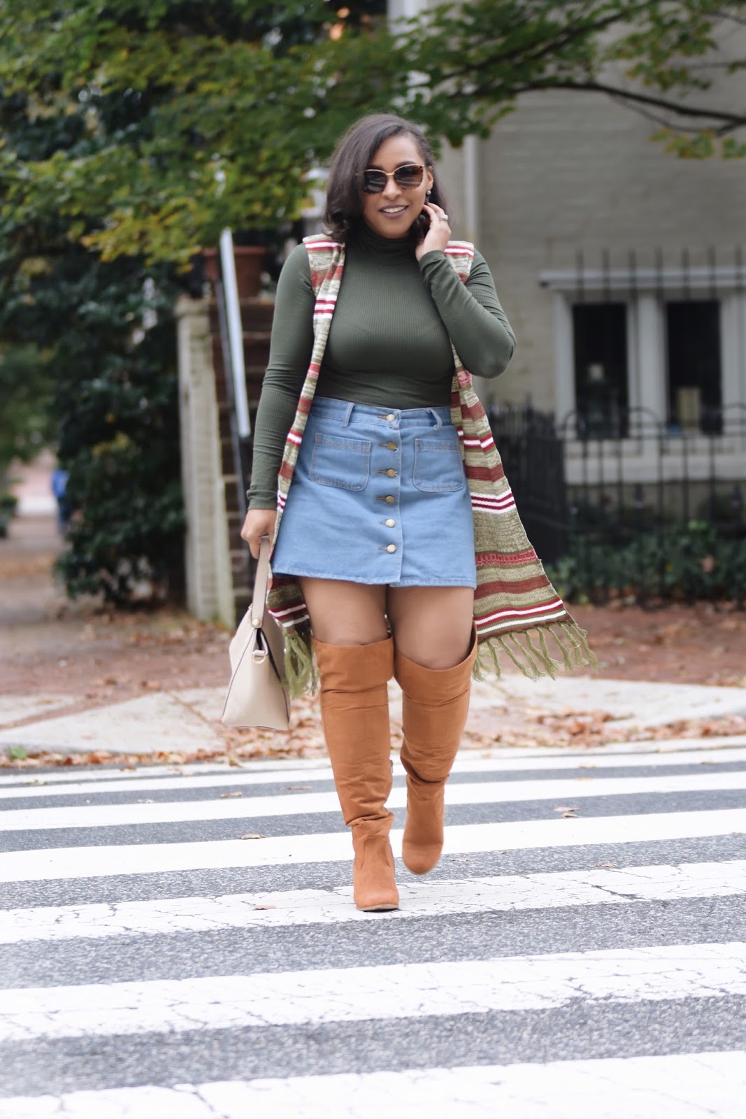 fall fashion, vest, over the knee boots, otk boots, denim skirt, fall outfit ideas, georgetown, streetstyle fashion