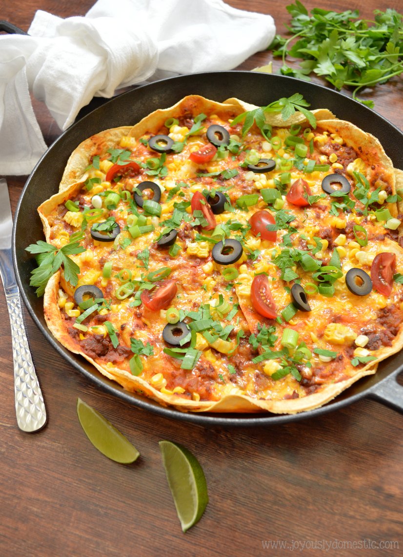 Joyously Domestic Cheesy Stacked Enchilada Skillet Bake