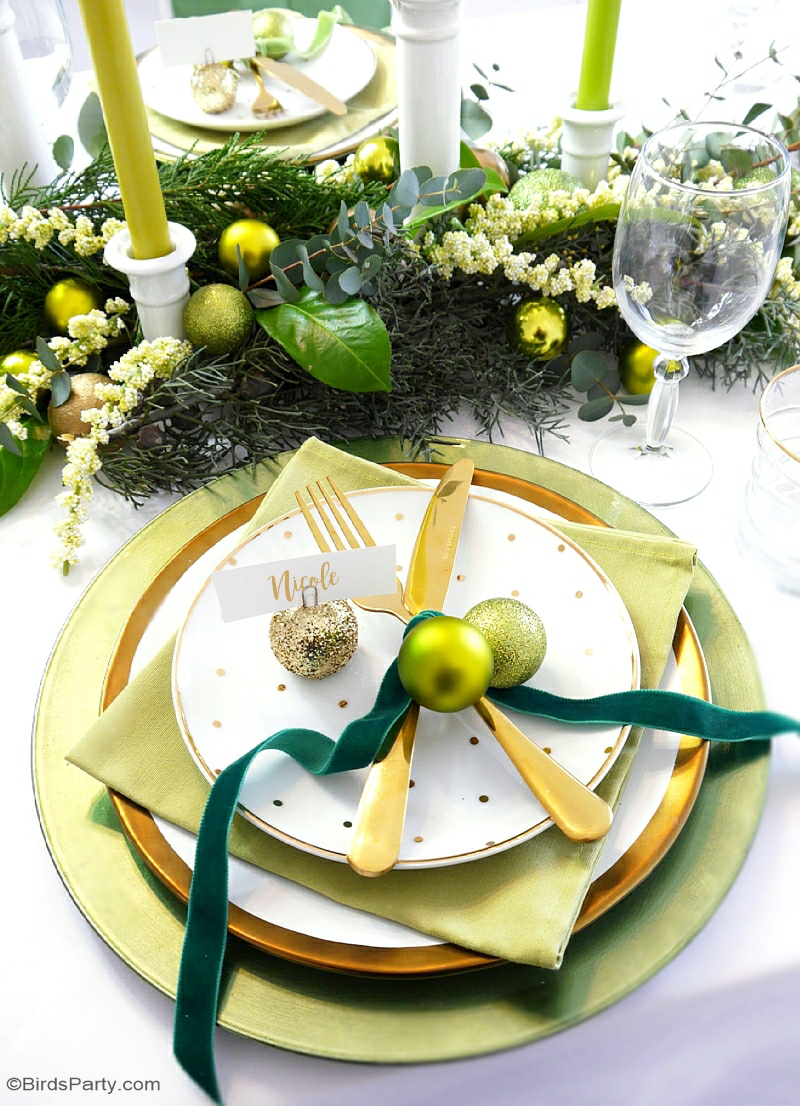 Ma Table de Noël en Vert & Doré avec des décoration DIY, déco florale pour les fêtes, menu de fête et idées faciles à faire soi même! | BirdsParty.fr