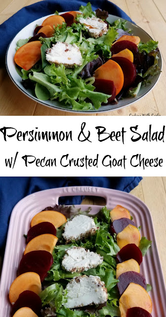 A fun sweet and savory salad with beets, persimmons, goat cheese and pecans lightly dressed in a homemade salad dressing. It is a perfect starter or a great lunch. A fun sweet and savory salad with beets, persimmons, goat cheese and pecans lightly dressed in a homemade salad dressing. It is a perfect starter or a great lunch.