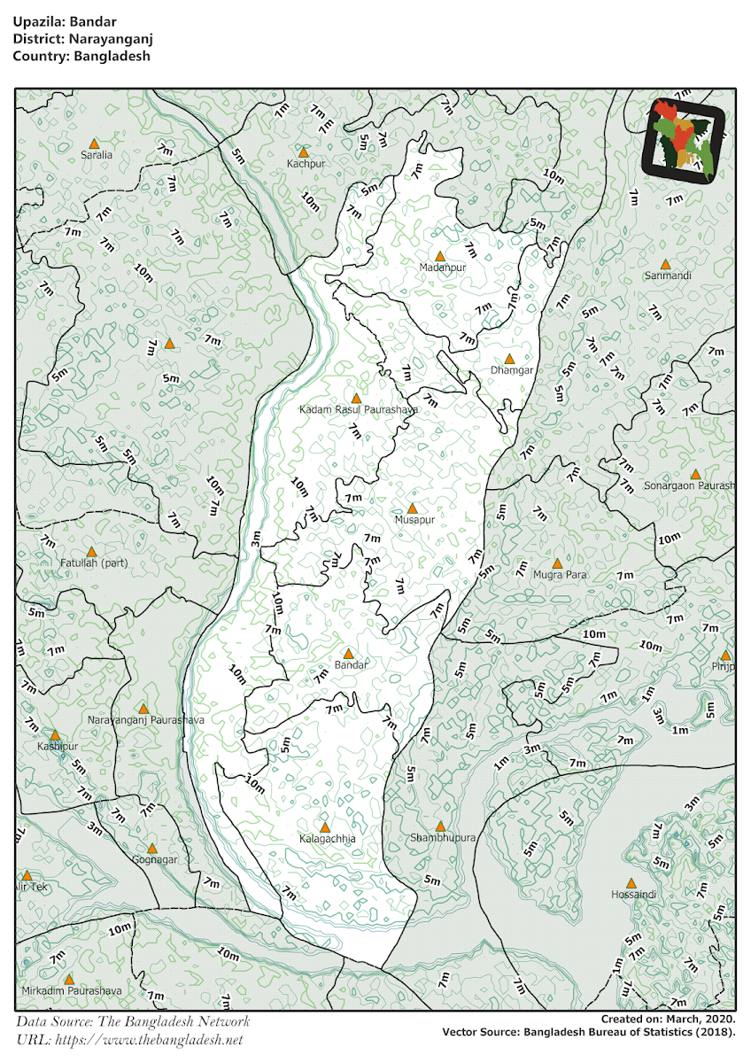 Bandar Upazila Elevation Map Narayanganj District Bangladesh