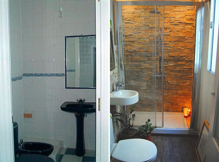 antes y después de un baño muy pequeño DIY