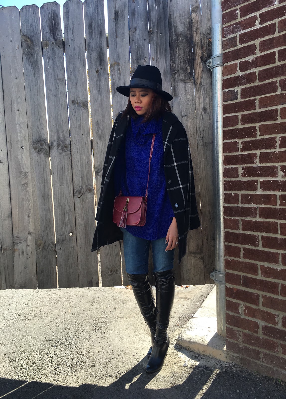 ysl rouge pur couture fuchsia, cobalt blue sweater, old navy peacoat, asos fedora hat, fall fashion trends 2015, over the knee boot trend