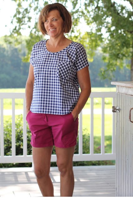 Lou Box top made with gingham and bias detail.  Pattern and fabric from Indiesew