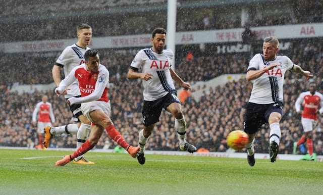 What an epic shot of Sanchez's equalising goal. sanchez goal vs tottenham hotspur arsenal 2016