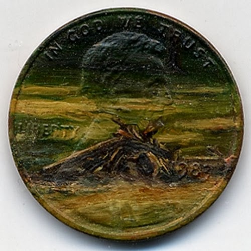 03-A-Pile-of-Burnt-Wood-1983-Artist-Jacqueline-L-Skaggs-Discarded-Pennies-Oil-Painting-on-Coins-www-designstack-co