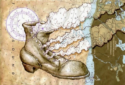 01-Smokin'-Boot-Artist-Paul-Morstad-Cartographic-Maps-Vancouver-Canada-Collage-Water-Colour-Gouache-Oil-Paints-www-designstack-co
